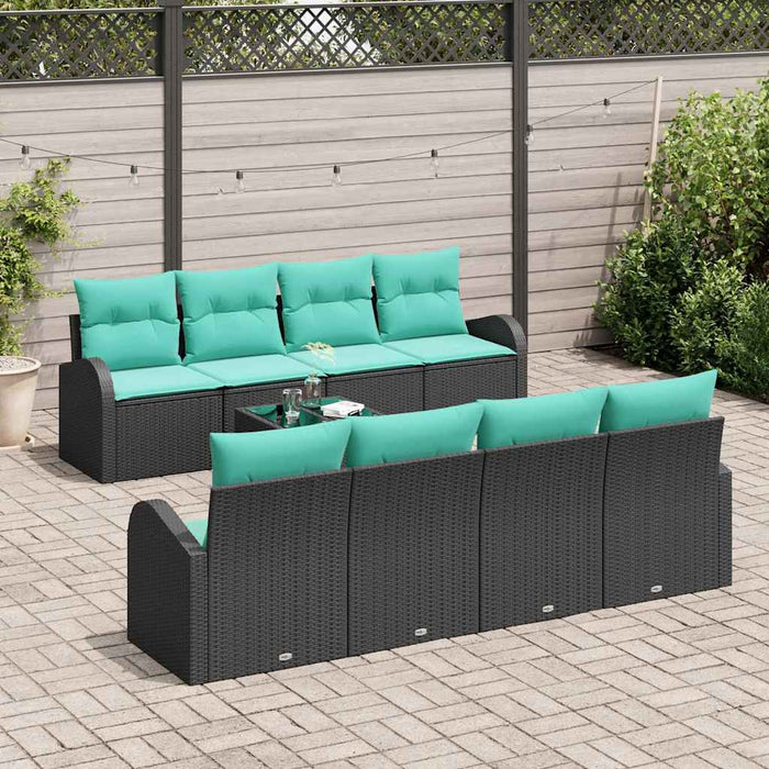 Set de canapea cu pernă 9 pcs Negru și Turcoaz poliratan WALTI