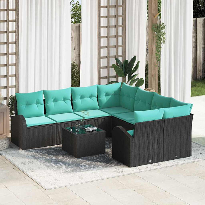 Set de canapea cu pernă 9 pcs Negru și Turcoaz poliratan WALTI