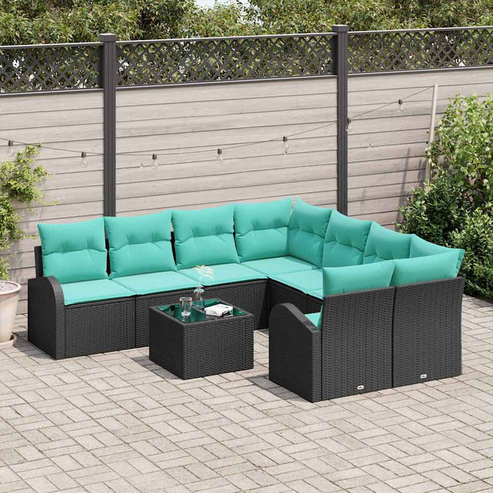 Set de canapea cu pernă 9 pcs Negru și Turcoaz poliratan WALTI