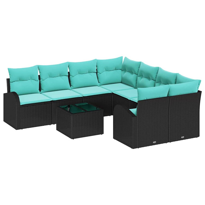 Set de canapea cu pernă 9 pcs Negru și Turcoaz poliratan WALTI