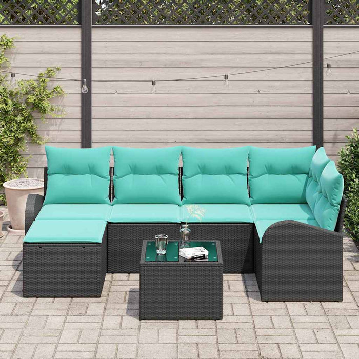 Set de canapea cu pernă 7 pcs Negru și Turcoaz poliratan WALTI