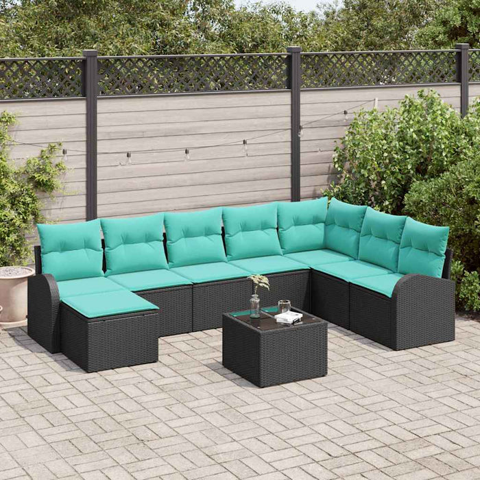 Set de canapea cu pernă 9 pcs Negru și Turcoaz poliratan WALTI