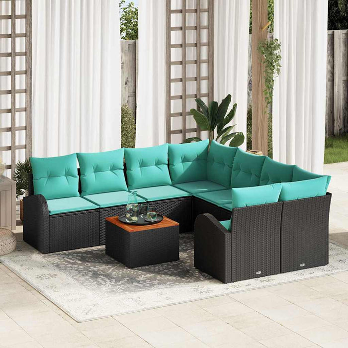 Set de canapele pentru grădină 9 pcs Negru și Turcoaz poliratan WALTI