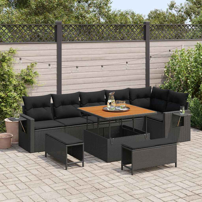 Set de canapea de grădină vidaXL 9 piese cu perne Negru Poliratan Acacia - WALTI WALTI