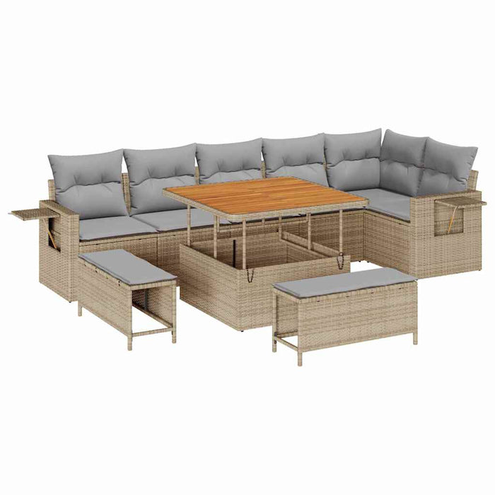 Set sofa pentru grădină vidaXL de 9 piese cu perne Bej din ratan poli Acacia - WALTI WALTI