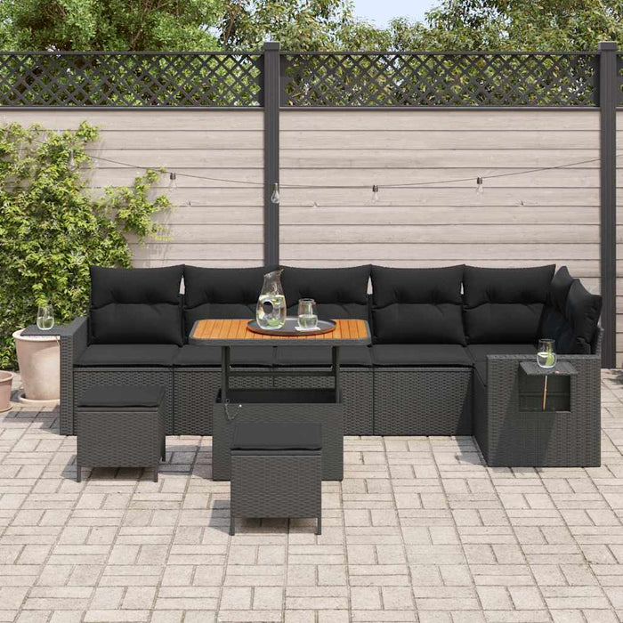 Set de sofa pentru grădină de 9 piese cu perne din ratan poli negru și acacia - WALTI WALTI