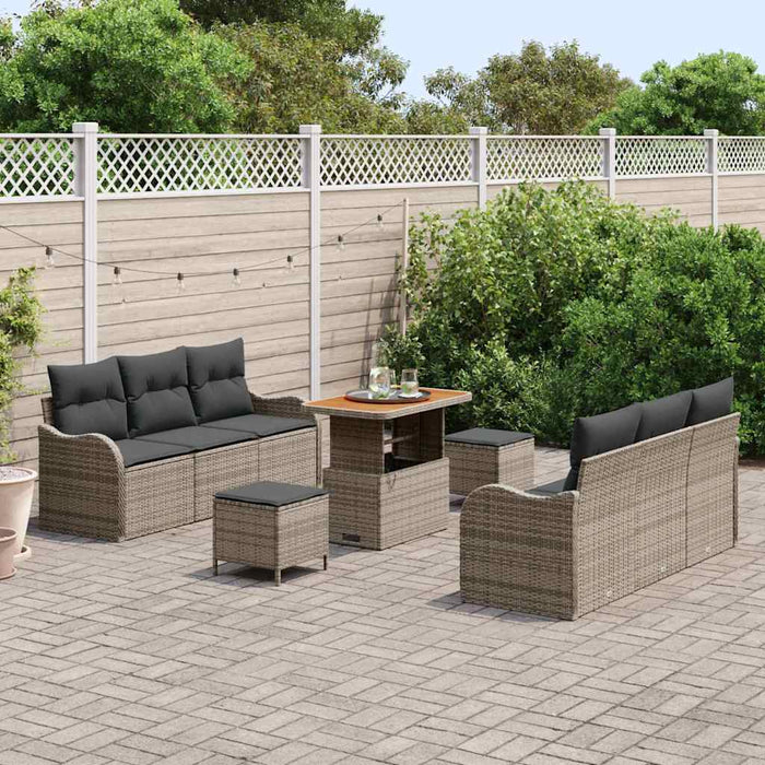 Set de canapea pentru grădină cu 9 piese și perne, gri, din rattan sintetic, acacia - WALTI WALTI