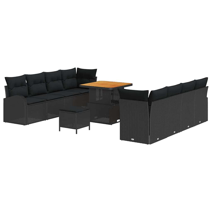 Set de canapele de grădină cu 11 piese și perne, din ratan poly negru și acacia - WALTI WALTI