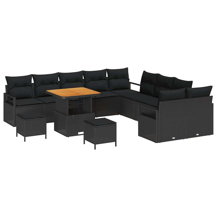 Set de canapea de grădină cu 13 piese și perne din ratan poly negru și acacia - WALTI WALTI