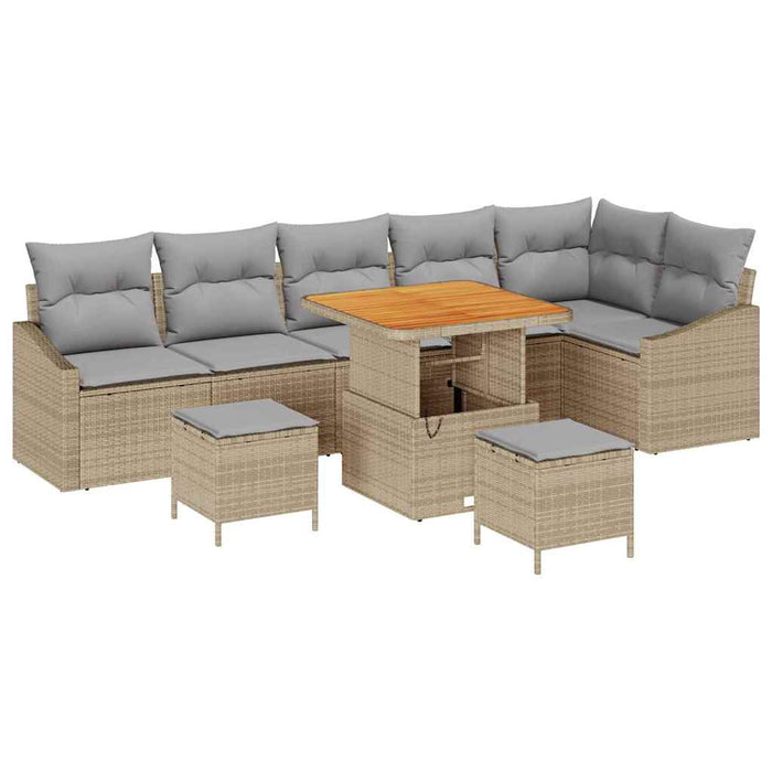 Set de canapea de grădină 9 piese cu perne bej din rattan poly și acacia - WALTI WALTI
