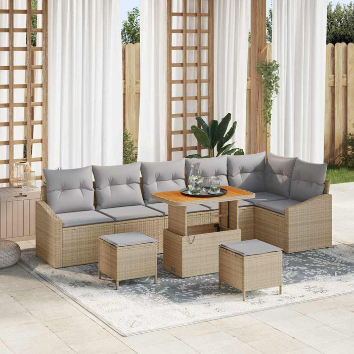 Set de canapea de grădină cu 9 piese și perne, din rattan poli, bej, acacia - WALTI WALTI