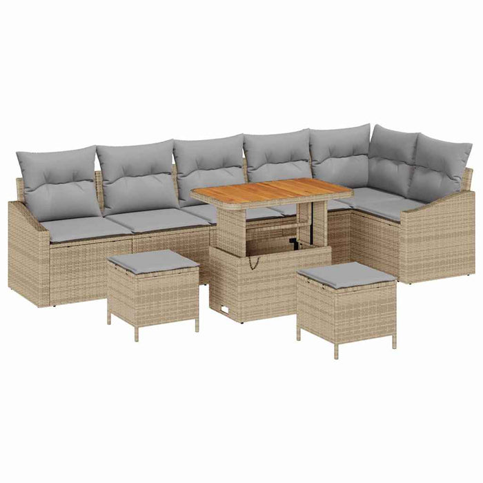 Set de canapea de grădină cu 9 piese și perne, din rattan poli, bej, acacia - WALTI WALTI