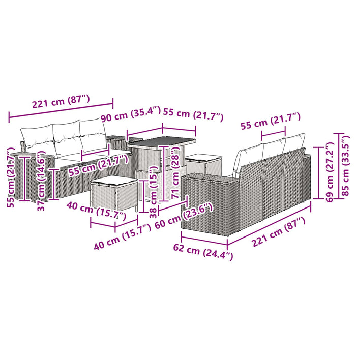 Set de canapele pentru grădină cu pernă 9 pcs Negru Poli Rattan - WALTI WALTI