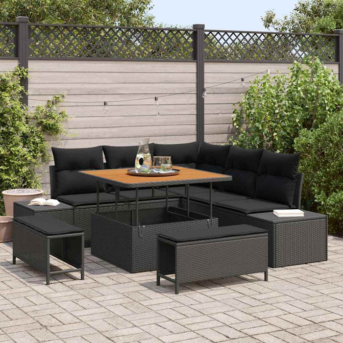 Set de canapele de grădină , 8 piese, cu perne, din rattan negru poly, acacia. - WALTI WALTI