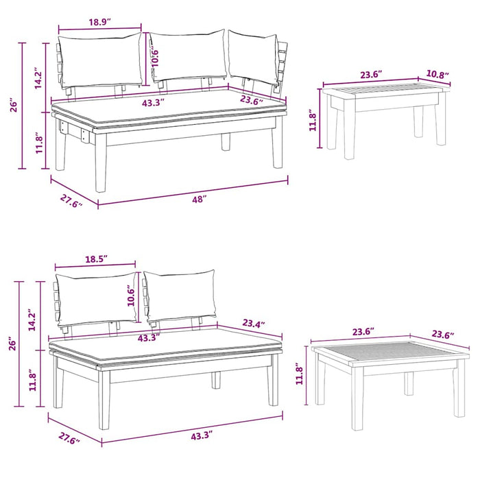 Set de Bănci pentru Grădină cu pernă 4 pcs Maro, Gri - WALTI WALTI