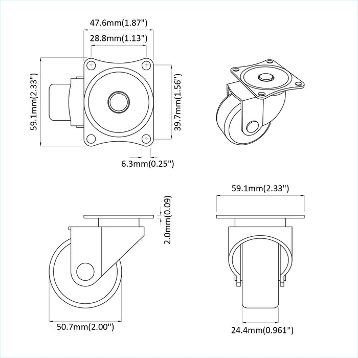 Roată pivotantă 2 pcs Argintiu 60 x 60 x 50 mm Fier și nylon - WALTI WALTI