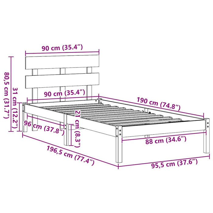 Cadru de pat cu headboard Maro 90 x 190 cm Lemn masiv de pin - WALTI WALTI