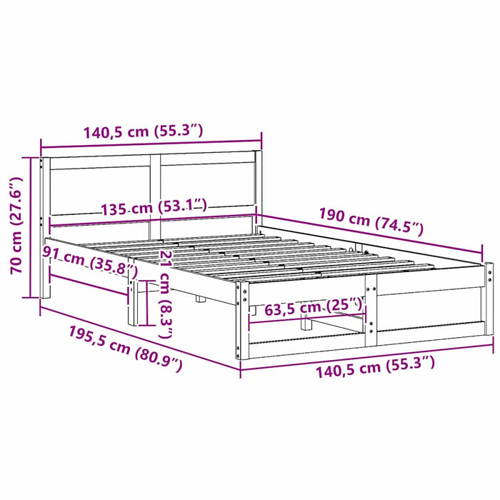 Cadru de pat cu headboard Alb 135 x 190 cm Lemn de pin masiv - WALTI WALTI
