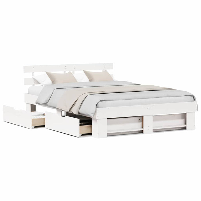 Cadru de pat cu sertar cu headboard cu depozitare Alb 150 x 200 cm Lemn de brad solid - WALTI WALTI