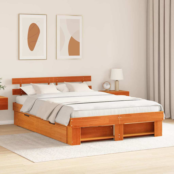 Cadru de pat cu sertar cu headboard cu depozitare Maro ceruit 150 x 200 cm Lemn masiv - WALTI WALTI