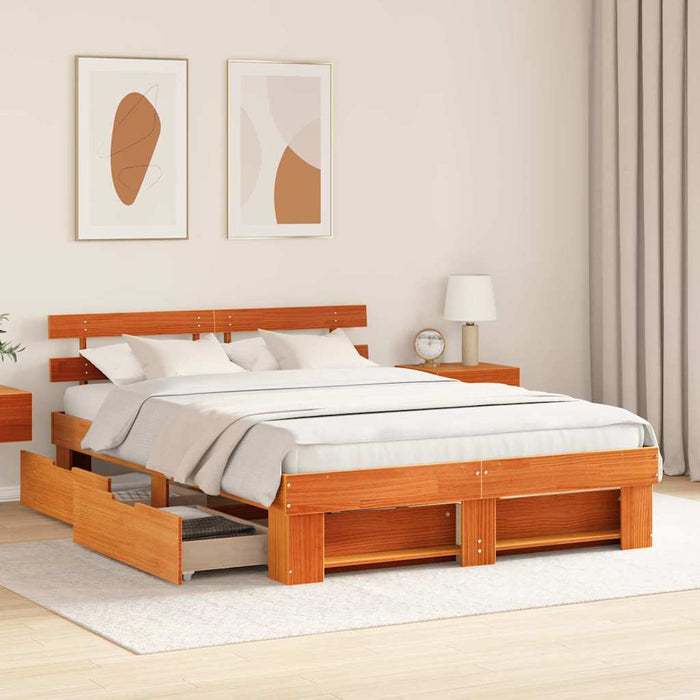 Cadru de pat cu sertar cu headboard cu depozitare Maro ceruit 150 x 200 cm Lemn masiv - WALTI WALTI