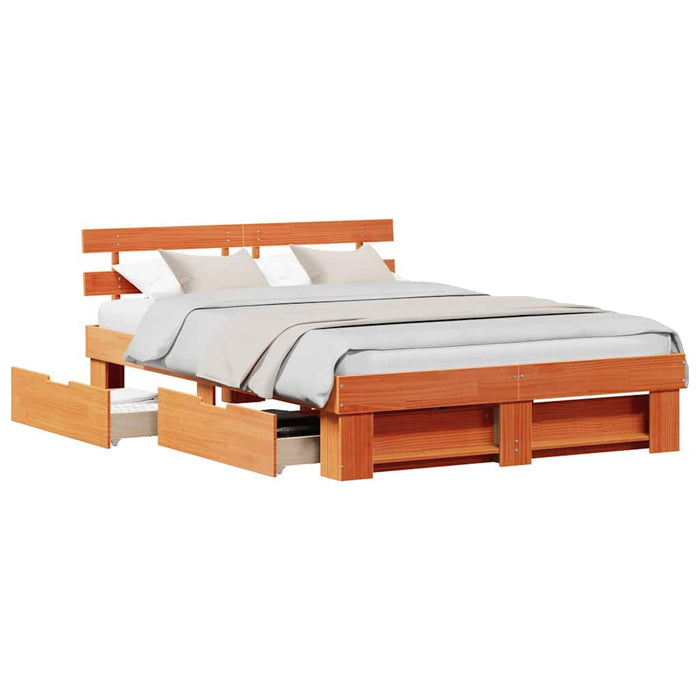 Cadru de pat cu sertar cu headboard cu depozitare Maro ceruit 150 x 200 cm Lemn masiv - WALTI WALTI