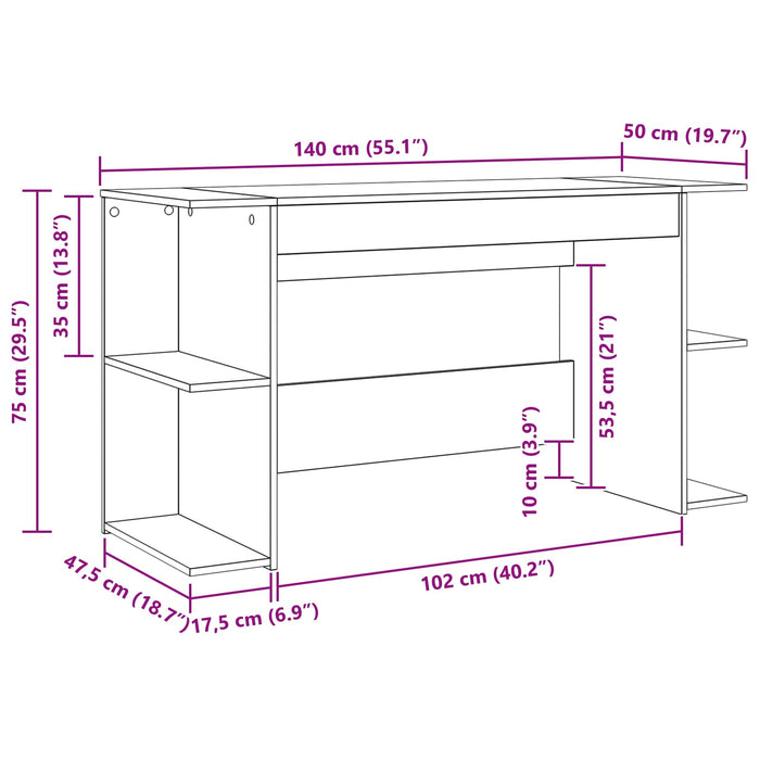 Birou cu raft stejar artizanal 140 x 50 x 75 cm Lemn compozit - WALTI WALTI