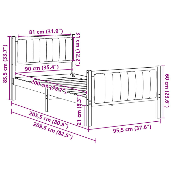Cadru de pat maro și gri închis 90 x 200 cm Lemn masiv de pin - WALTI WALTI