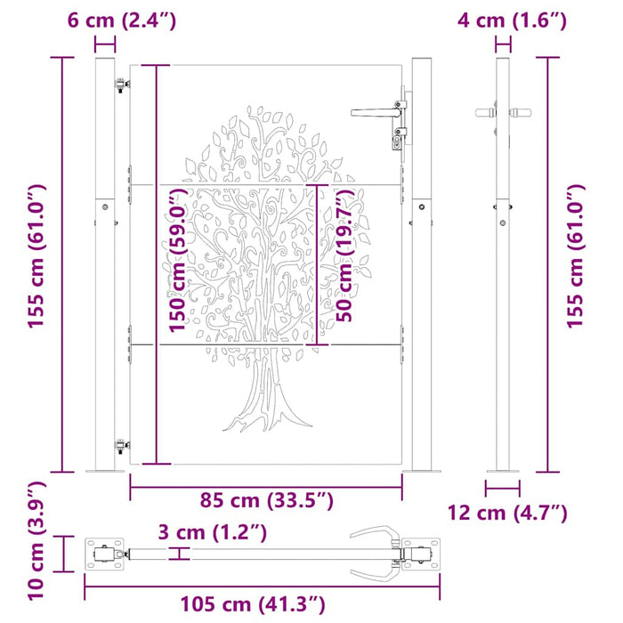 Poartă de grădină, Poartă de grădină 105x75 cm Oțel Corten cu design de copac - WALTI WALTI