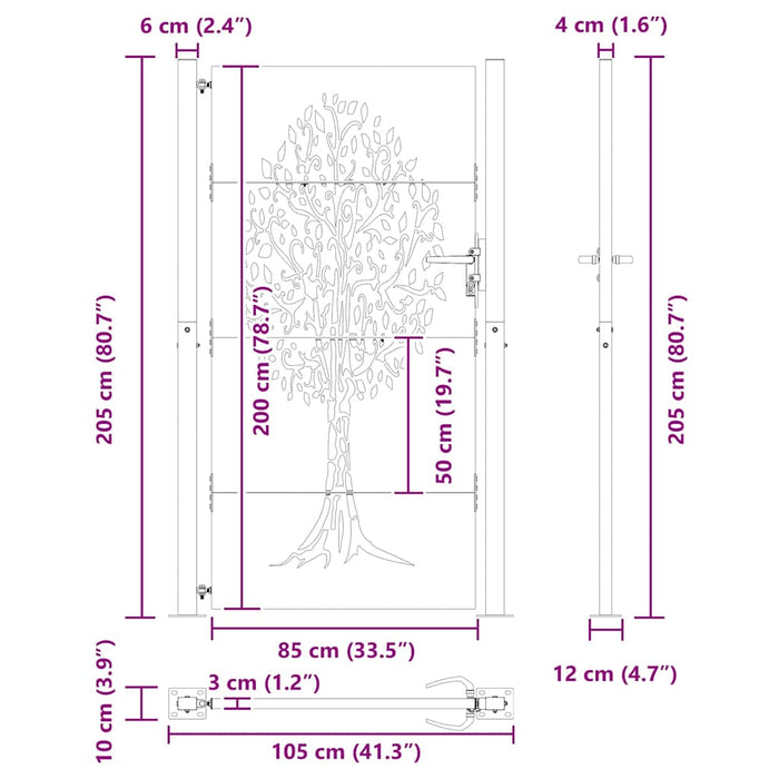 Poartă de grădină, Poartă de grădină 105x75 cm Oțel Corten cu design de copac - WALTI WALTI