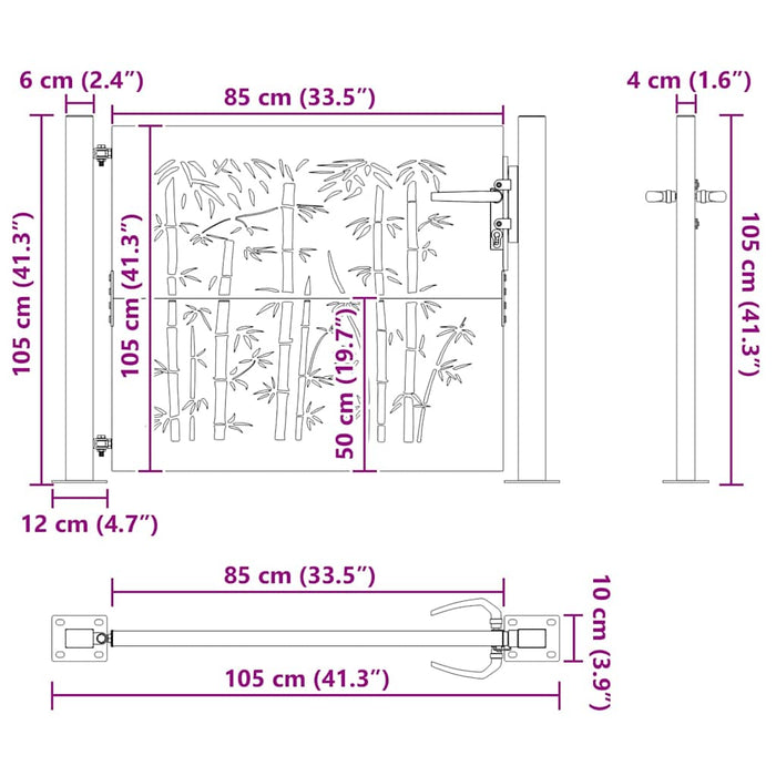 Poartă de grădină, Poartă de Grădină 105x75 cm Design din Oțel Corten cu Bambus - WALTI WALTI
