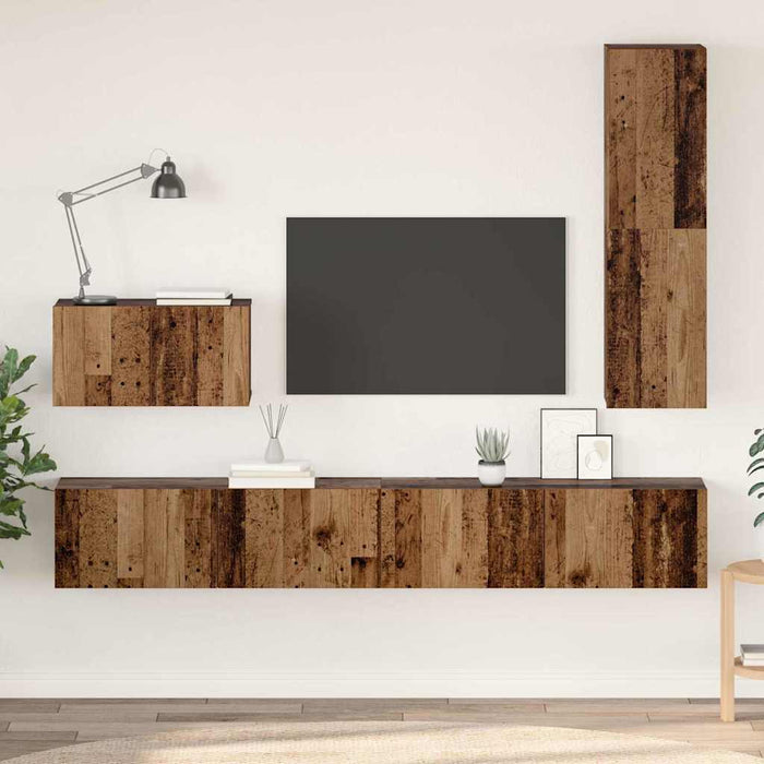 Set dulap TV cu raft Pe perete Altele cu depozitare cu ușă 4 pcs Lemn vechi Mediu Lemn compozit - WALTI WALTI