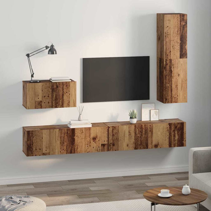 Set dulap TV cu raft Pe perete Altele cu depozitare cu ușă 4 pcs Lemn vechi Mediu Lemn compozit - WALTI WALTI
