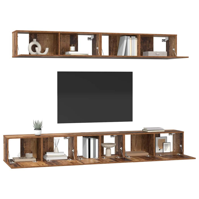 Set dulap TV cu raft Pe perete cu depozitare cu ușă 5 pcs Lemn vechi Mediu Lemn compozit - WALTI WALTI