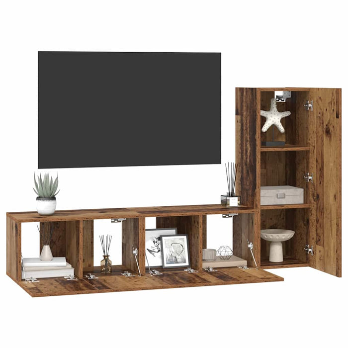 Set comodă TV cu raft Pe perete cu depozitare cu ușă 3 pcs Lemn vechi 150.5 x 30 x 90 cm - WALTI WALTI