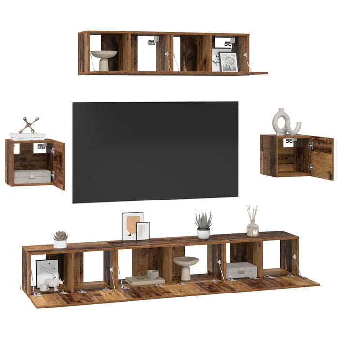 Set comodă TV Pe perete 7 pcs Lemn Vechi Lemn compozit - WALTI WALTI