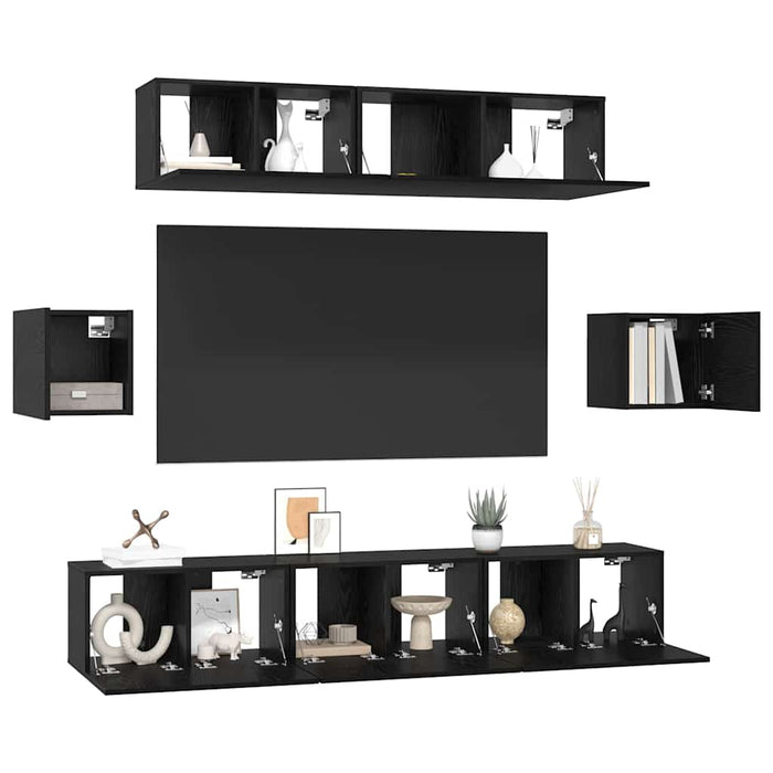 Set comodă TV Pe perete 7 pcs Stejar Negru Lemn compozit - WALTI WALTI