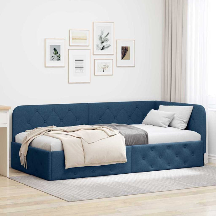 Cadru de pat colțar cu headboard albastru 90 x 190 cm țesătură - WALTI WALTI