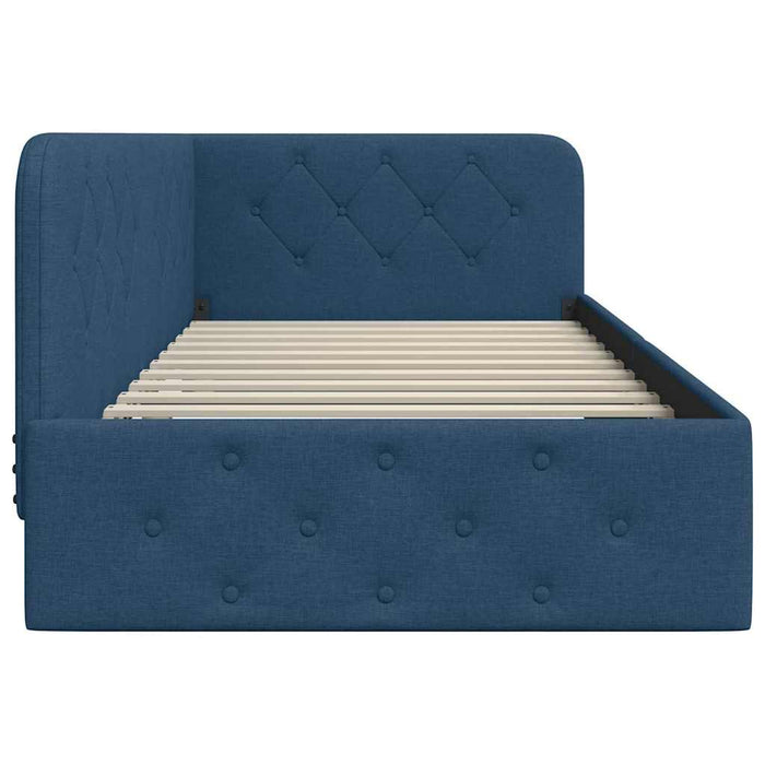 Cadru de pat colțar cu headboard albastru 90 x 190 cm țesătură - WALTI WALTI