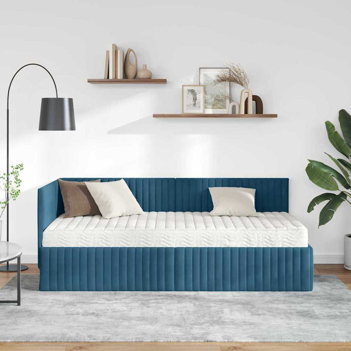 Cadru de pat colțar cu saltea 2 pcs albastru Catifea WALTI