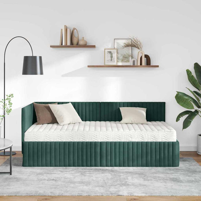 Cadru de pat colțar cu saltea cu headboard 2 pcs Verde Catifea WALTI