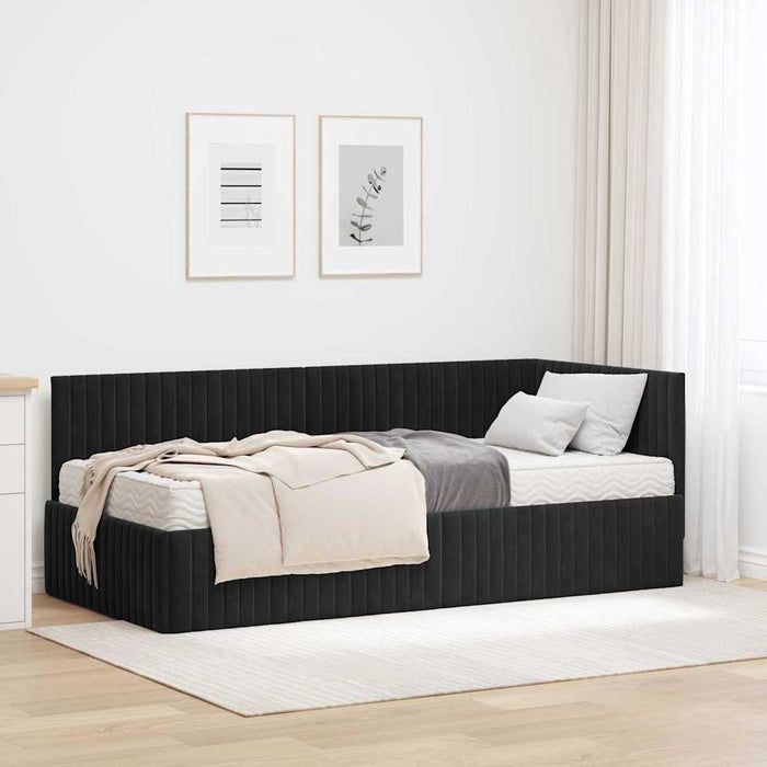 Cadru de pat colțar cu saltea cu headboard 2 pcs Negru Catifea WALTI