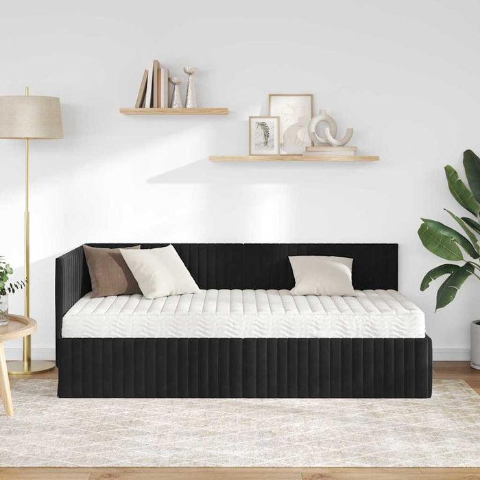 Cadru de pat colțar cu saltea cu headboard 2 pcs Negru Catifea WALTI