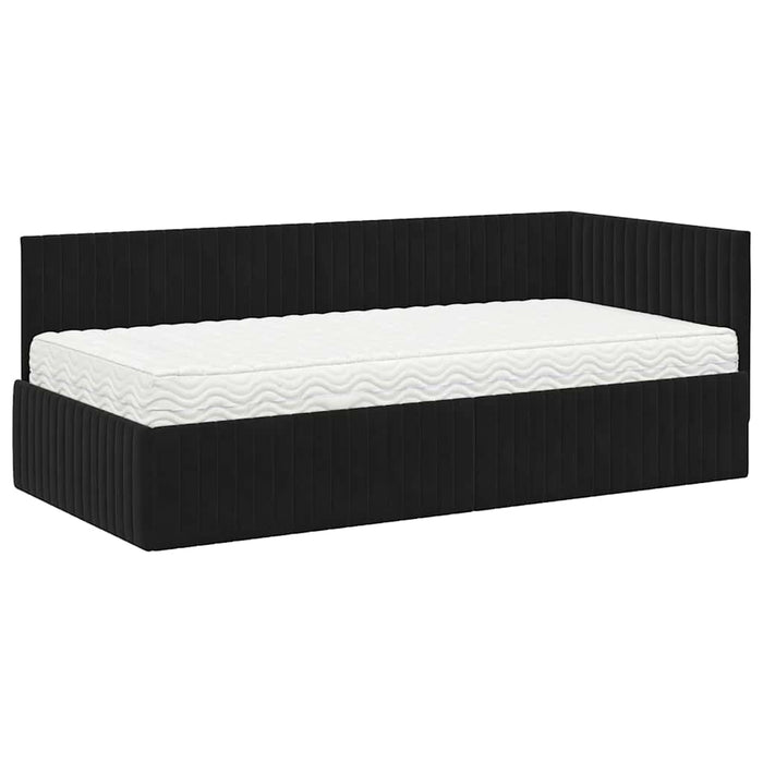 Cadru de pat colțar cu saltea cu headboard 2 pcs Negru Catifea WALTI