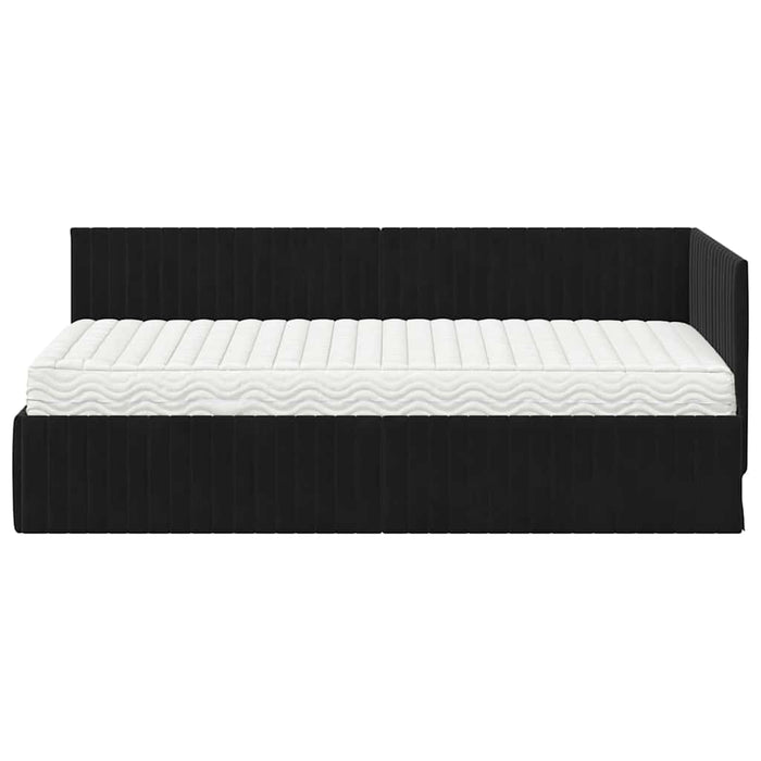 Cadru de pat colțar cu saltea cu headboard 2 pcs Negru Catifea WALTI
