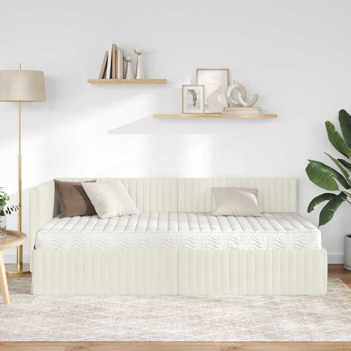 Cadru de pat colțar cu saltea cu headboard 2 pcs Crem Catifea WALTI