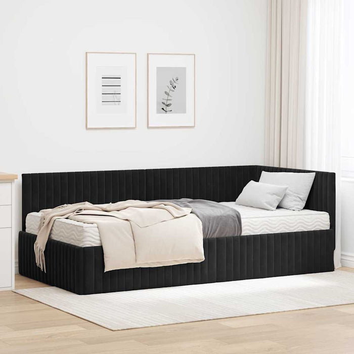 Cadru de pat colțar cu saltea cu headboard 2 pcs Negru Catifea WALTI