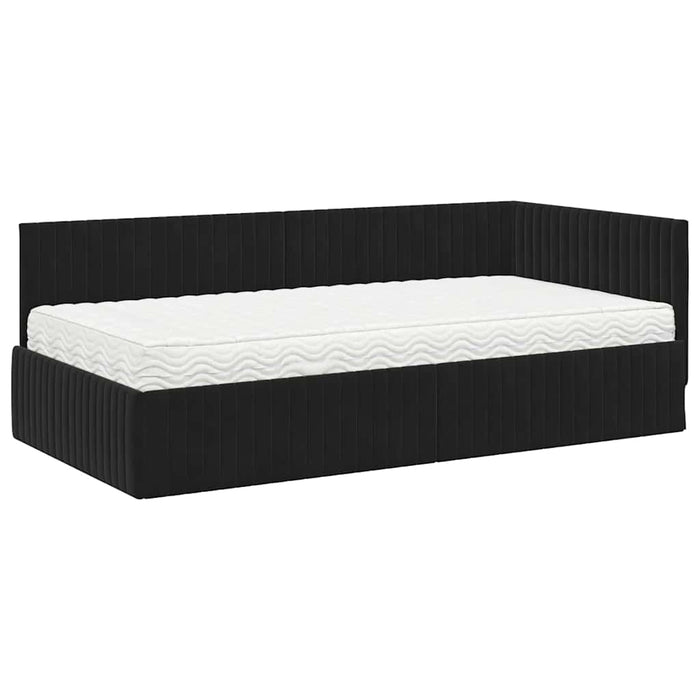 Cadru de pat colțar cu saltea cu headboard 2 pcs Negru Catifea WALTI