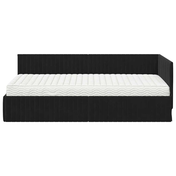 Cadru de pat colțar cu saltea cu headboard 2 pcs Negru Catifea WALTI