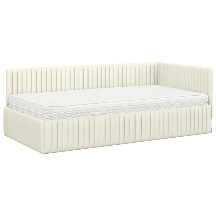 Cadru de pat colțar cu saltea cu headboard 2 pcs Crem Catifea WALTI